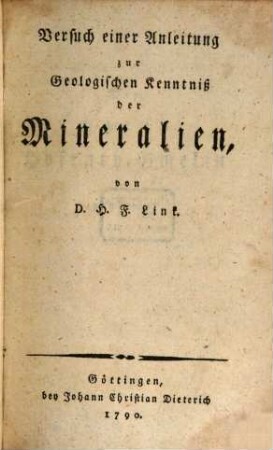 Versuch einer Anleitung zur Geologischen Kenntniß der Mineralien