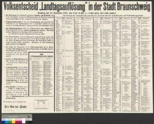 Bekanntmachung der Stadt Braunschweig zur Organisation des Volksentscheids zur Auflösung des Braunschweigischen Landtags am 15. November 1931