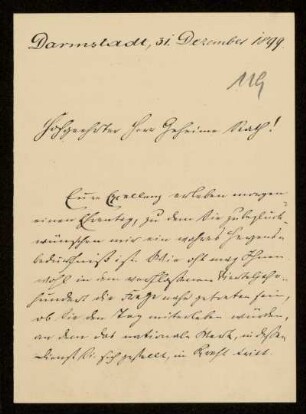 119: Brief von Gustav Dittmar an Gottlieb Planck, Darmstadt, 31.12.1899