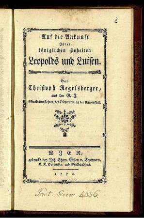 Auf die Ankunft Ihrer königlichen Hoheiten Leopolds und Luisen