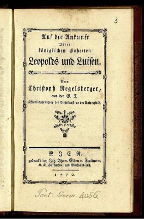Auf die Ankunft Ihrer königlichen Hoheiten Leopolds und Luisen