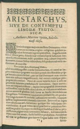 Aristarchus, Sive De Contemptu Linguae Teutonicae. Authore Martino Opitio, Boleslaviensi Silesio.