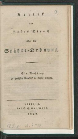 Kritik des Jesus Sirach über die Städte-Ordnung : Ein Nachtrag zu Perschke's Metakritik der Städte-Ordnung