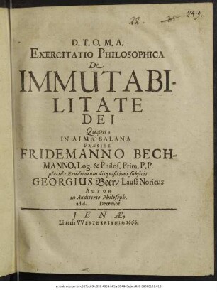 Exercitatio Philosophica De Immutabilitate Dei