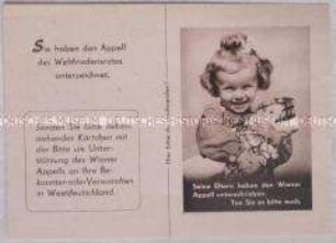 Handzettel mit der Aufforderung zur Zustimmung zum "Wiener Appell" des Weltfriedensrates