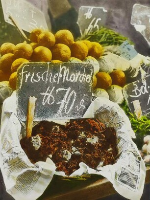 Frische Morcheln : Speisemorcheln in einer Gemüseauslage mit Preisschild Pfund 70 Pfennig