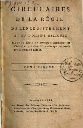 Circulaires de la Régie de l'Enregistrement et du Domaine National. 2. 1792/[94]