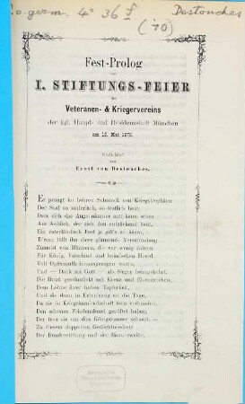 Fest-Prolog zur I. Stiftungs-Feier des Veteranen- & Kriegervereins der Kgl. Haupt- & Residenzstadt München am 13. Mai 1876