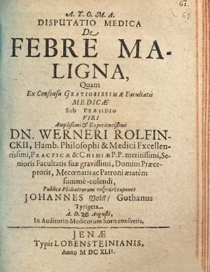 Disputatio Medica De Febre Maligna