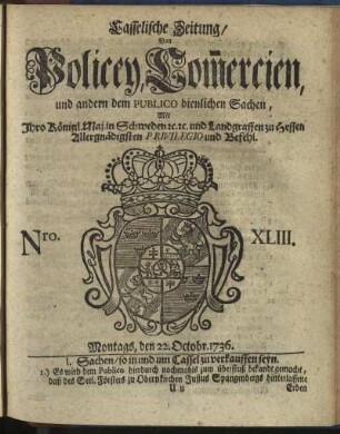 Nro. XLIII, Montags, den 22. Octobr 1736