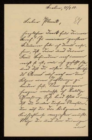 81: Brief von Hermann Struckmann an Gottlieb Planck, Berlin, 21.3.1910