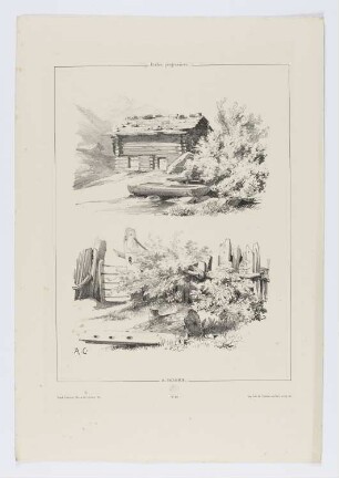 Berghütte und Baumstamm, Blatt 20 der Folge "Landschaftsstudien"