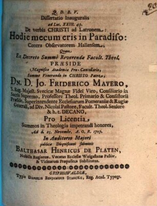 Diss. inaug. ad Luc. 23, 43., de verbis Christi ad Latronem: Hodie eris mecum in paradiso