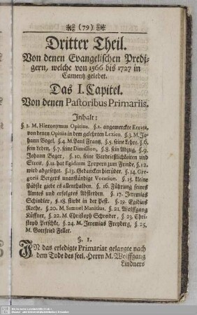 Dritter Theil. Von denen Evangelischen Predigern, welche von 1566 bis 1727 in Camentz gelebet