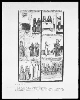 Stephan von Paris, Auslegung der Regel des heiligen Benedikt — Bildseite mit sechs Szenen aus dem Leben von Benedikt, Folio 135recto