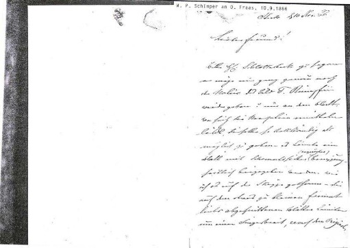 Handschriftlicher Brief von W.P. Schimper an Oscar Fraas