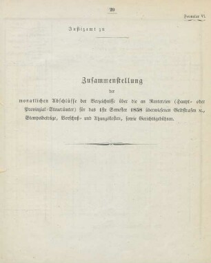 Formular VI. Zusammenstellung der monatlichen Abschlüsse der Verzeichnisse über die an Rentereien ... für das 1ste Semester 1858 überwiesenen Geldstrafen etc., ...