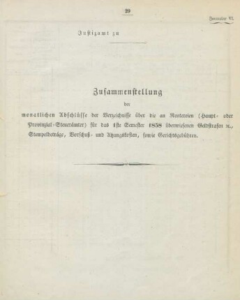 Formular VI. Zusammenstellung der monatlichen Abschlüsse der Verzeichnisse über die an Rentereien ... für das 1ste Semester 1858 überwiesenen Geldstrafen etc., ...