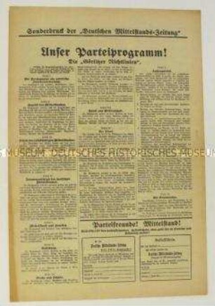 Sonderdruck der "Deutschen Mittelstands-Zeitung" mit dem Programm der Reichspartei des deutschen Mittelstandes (Wirtschaftspartei)