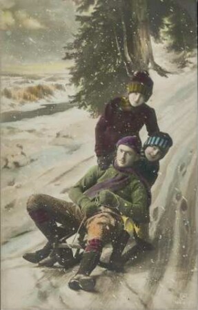 [Mann und Mädchen beim Schlittenfahren]