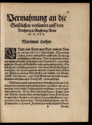 Vermahnung an die Geistlichen/ versamlet auff dem Reichstag zu Augspurg/ Anno M. D. XXX. Martinus Luther.