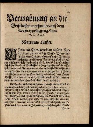Vermahnung an die Geistlichen/ versamlet auff dem Reichstag zu Augspurg/ Anno M. D. XXX. Martinus Luther.