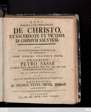 Dissertatio Theologica De Christo, Et Sacerdote Et Victima In Omnium Salutem