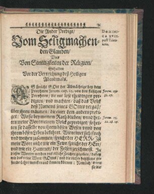 Die Ander Predigt/ Vom Seligmachenden Glauben/ Und Von Strittigkeiten der Religion ...