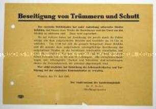 Amtliche Bekanntmachung des Stadtvorstandes von Weimar zur Beseitigung von Trümmern und Schutt