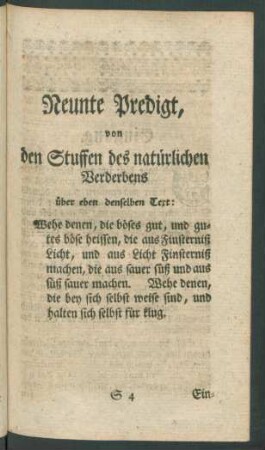 Neunte Predigt, von den Stuffen des natürlichen Verderbens über eben denselben Text: