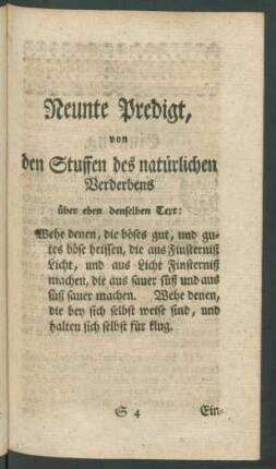 Neunte Predigt, von den Stuffen des natürlichen Verderbens über eben denselben Text: