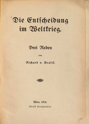 Die Entscheidung im Weltkrieg : drei Reden