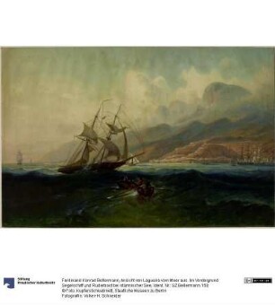 Ansicht von Laguaira vom Meer aus. Im Vordergrund Segelschiff und Ruderboot bei stürmischer See