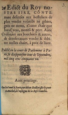 Edict du roy contenant defenses aux hosteliers de plus vendre volatill negibier gros ne menn ...