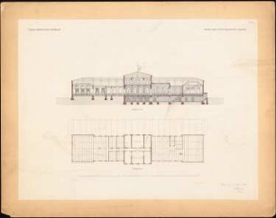 Empfangsgebäude der Berlin-Anhaltischen Eisenbahn, Dessau: Längsschnitt und Grundriss DG