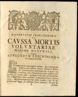 Dissertatio Praeliminaris De Caussa Mortis Voluntariae ...