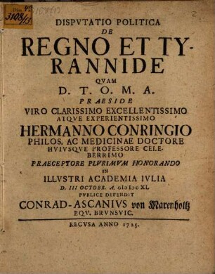 Dispvtatio Politica De Regno Et Tyrannide