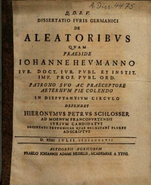 Dissertatio Ivris Germanici De Aleatoribvs