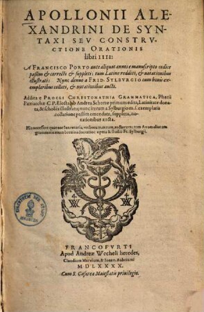 Apollonii Alexandrini De Syntaxi Seu Constructione Orationis : libri IV.
