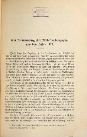 Ein Brandenburgischer Mobilmachungsplan aus dem Jahre 1477 : Beiträge zur Geschichte des zweiten Schlesischen Krieges ; mit 1 Uebersichtskarte und 2 Skizzen