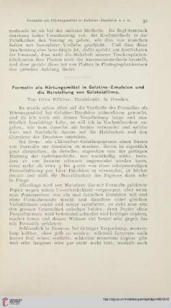 Formalin als Härtungsmittel in Gelatine-Emulsion und die Herstellung von Gelatoïdfilms