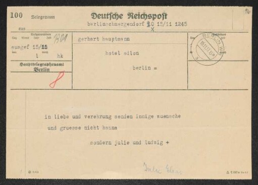 Brief von Julie Elias an Gerhart Hauptmann