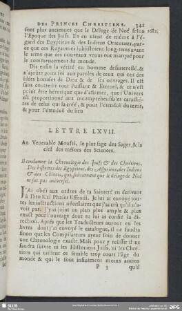 Lettre LXVII. Au Venerable Moufte, le plus sage des Sages,& la clef des trésors des Sciences