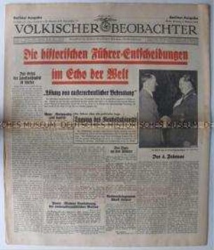 Tageszeitung "Völkischer Beobachter" u.a. zur Reaktion des Auslandes auf die Regierungsumbildung in Deutschland