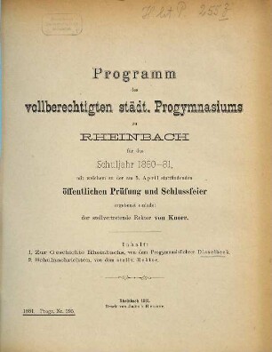 Programm des Vollberechtigten Städt. Progymnasiums zu Rheinbach : für das Schuljahr .... 1880/81