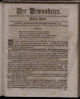 Erstes Stück. Hamburg, Donnerstags, den dreyßigsten November 1741.