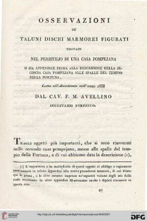 3: Osservazioni su taluni dischi marmorei figurati trovati nel peristilio di una casa pompejana : o sia appendice prima alla descrizione della seconda casa pompejana alle spalle del Tempio della Fortuna
