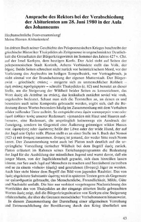Ansprache der Rektors bei der Verabschiedung der Abiturienten am 28. Juni 1980 in der Aula des Johanneums