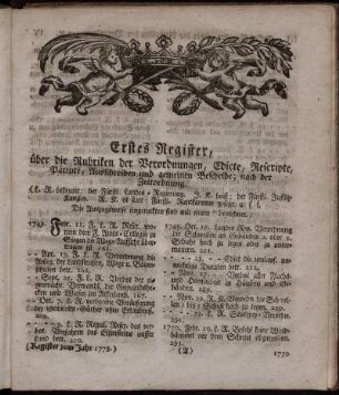 Erstes Register, über die Rubriken der Verordnungen, Edicte, Rescripte, Patente, Ausschreiben und gemeinen Bescheide; nach der Zeitordnung.