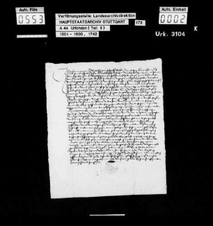 Hans Wagner zu Pleidelsheim, gef. zu Marbach, weil er der Aufforderung seines Amtmanns, des Schultheißen zu Pleidelsheim, sich bei Gelübde einer erwiesenen Schuld wegen dem Vogt zu Marbach zu stellen, nicht nachgekommen ist, auf Fürbitten freigelassen, schwört U. und verspricht, künftig seinen Ober- und Unteramtleuten gehorsam zu sein.